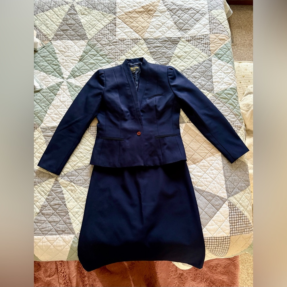 Vintage women’s skirt suit, navy blue